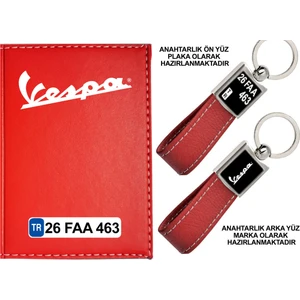 Promosyon Denizi Plakanıza Özel Vespa Logolu Kırmızı Ruhsat Kabı ve Anahtarlık