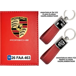 Promosyon Denizi Plakanıza Özel Porche Logolu Kırmızı Ruhsat Kabı ve Anahtarlık