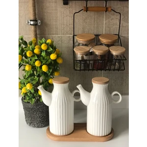 Kitchen Pembelia Ahşap Standlı 2ADET 1 Lt Porselen Yağdanlık Set((3'lu Yağdanlık Set)
