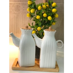 Kitchen Pembelia Ahşap Standlı Kare 2 Adet 1 Lt Porselen Yağdanlık Set
