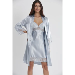 Pierre Cardin Kadın Saten Dantelli Gecelik & Sabahlık Takım - 4075 Mist