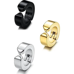 The Collection 3 Adet Unisex Paslanmaz Titanyum Deliksiz Kulaklara Küpe Sıkıştırmalı Kıstırmalı Çelik Küpe