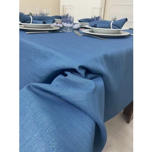 Zeren Home Simli Keten Görünümlü Begonvil Masa Örtüsü Indigo Mavi 13 Parça Set