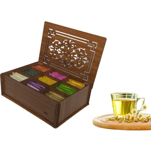 Ahşap (Ceviz) Çay Kutusu 9 Bölmeli Kapaklı Poşet Bitki Çayı Saklama Kabı Tea Box + 45'li Çay