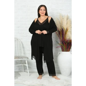Kadın Büyük Beden Sabahlıklı Üçlü Pijama Takımı