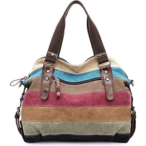 Fashion Smart Kanvas Çanta Çok Renkli Çizgili Ekose Omuz Çantası (Yurt Dışından)