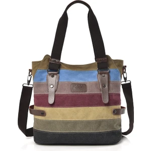 Fashion Smart Omuz Çantası Kanvas Büyük Kapasiteli Çanta Çok Renkli Çizgili Ekose (Yurt Dışından)