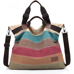 Fashion Smart Kanvas Çanta Çok Renkli Çizgili Ekose Çapraz Askılı Çanta Kahve (Yurt Dışından)