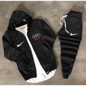 Amor Man Kapüşonlu Tam Fermuarlı Audi Göğüs Baskılı Dış Mekan Yeni Trend Erkek Eşofman Takımı