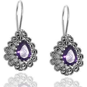 Midyat Nurtaş Gümüş Ametist Taşlı Damla Model Oksitli Telkari Gümüş Bayan Küpe