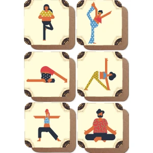 Hayat Poster Yoga ve Hareketleri Temalı 6lı Retro Ahşap Bardak Altlığı Seti
