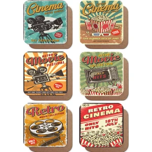 Vintage Sinema Temalı 6lı Retro Ahşap Bardak Altlığı Seti