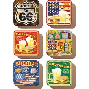 Hayat Poster Route 66 Lokanta Bira Hamburger Temalı Retro 6lı Ahşap Bardak Altlığı Seti