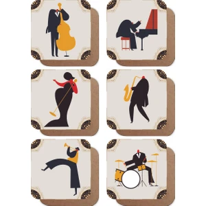 Jazz Müzik Müzisyenleri 6lı Retro Ahşap Bardak Altlığı Seti