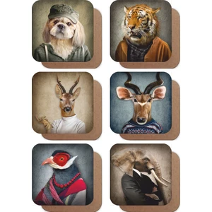 Hayat Poster Hayvan Kafaları Illustrasyonu -2 6lı Retro Ahşap Bardak Altlığı Seti