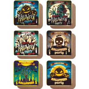 Hayat Poster Halloween Cadılar Bayramı Temalı 6lı Retro Ahşap Bardak Altlığı Seti