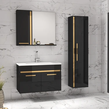 Alfa Banyo Yeni Gold Siyah (80+35) 115 cm Boy Dolaplı lavabolu banyo dolabı-Banyo