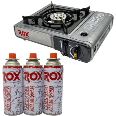 Rox Camping 0103 Tekli Portatif Kamp Ocak(Ekstra Gaz Girişli) - 3 Adet Rox Valfli Kamp Gazı Kartuş