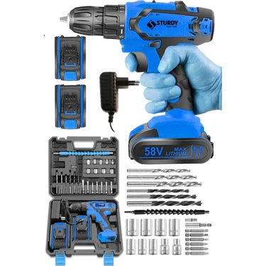 Sturdy 248VVF 14Ah Lıon Çift Akülü Turbo Şarjlı Vidalama  Matkap 27 Parça Uç