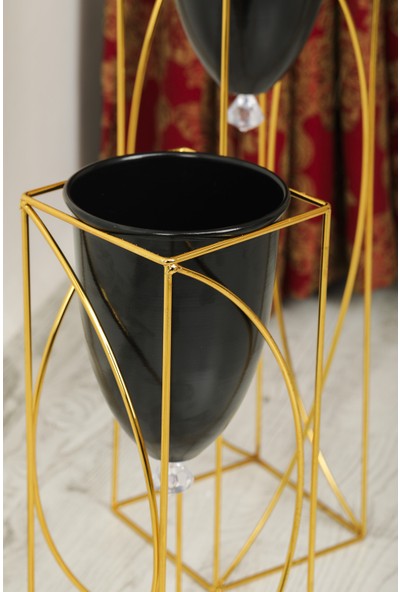 MHK Collection Metal Siyah Dekoratif Ayaklı Saksı,2'li Gold Ayaklı Saksı,dekoratif Saksı,vazo