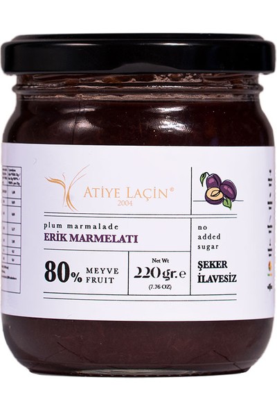 Atiye Laçin Erik Marmelatı 220 gr Şekersiz (%100 Doğal %80 Meyve ,Katkı Maddesi ,Renklendirici ve Koruyucu İçermez.)