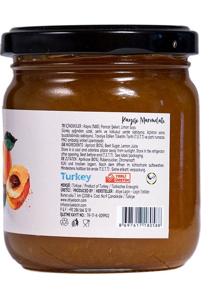 Atiye Laçin Kayısı Marmelatı 220 gr (%100 Doğal ,%80 Meyve ,Katkı Maddesi ,Renklendirici ve Koruyucu İçermez.)