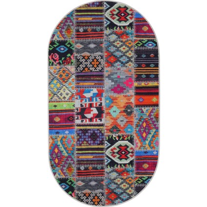 Dijidekor 9010 Patchwork Temalı Saçaksız Dijital Oval Halı Kaymaz Yıkanabilir Iskandinav Yolluk 200X350