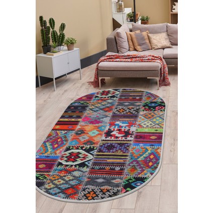 Dijidekor 9010 Patchwork Temalı Saçaksız Dijital Oval Halı Kaymaz Yıkanabilir Iskandinav Yolluk 200X350