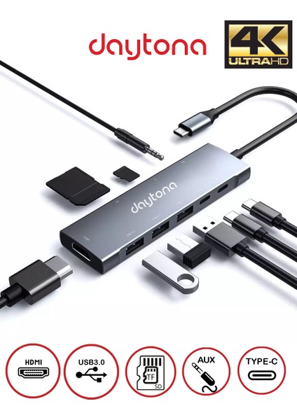BH09 Type-C To 3* USB 3.0 4K Full Hd HDMI Pd Şarj Sd Tf Kart Okuyucu Aux Kulaklık Çevirici Adaptör