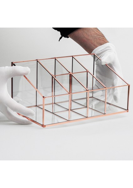 Makyaj Organizeri Kalemlik Saklama Kutusu Masa Üstü Aksesuar Düzenleyici Bakır 6 Bölmeli 25X15X12/7CM indirimleri