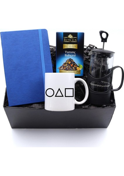 Mavi Defter & Geometrik Desen Kupa & Siyah French Press & Turunç Bahçesi Bitki Çayı Hediye Seti