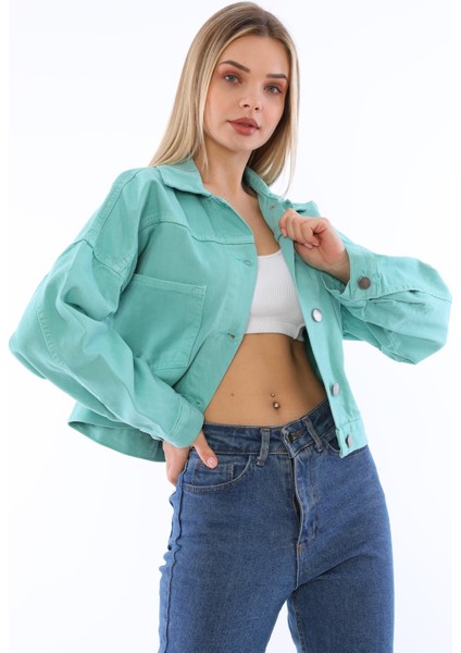 Kadın Crop Denim Ceket Mint