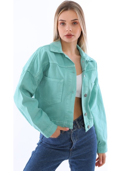 Kadın Crop Denim Ceket Mint