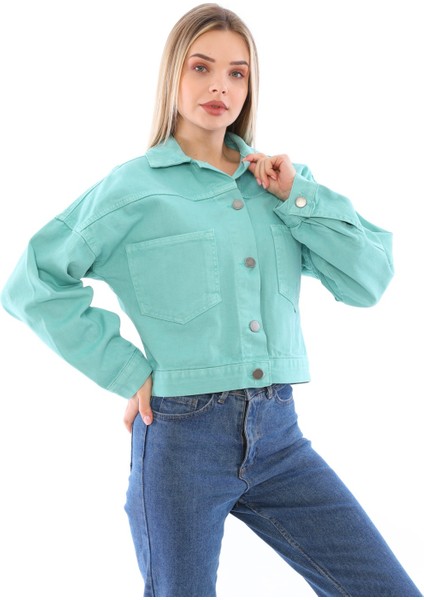 Kadın Crop Denim Ceket Mint