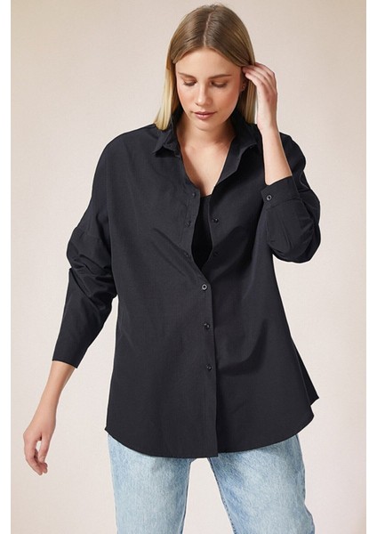 Kadın Siyah Oversize Uzun Basic Gömlek