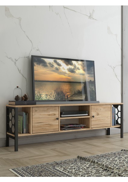 Asena 160 cm Metal Ayaklı Tv Ünitesi Atlantik Çam Siyah