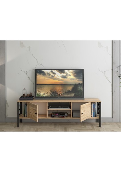 Asena 160 cm Metal Ayaklı Tv Ünitesi Atlantik Çam Siyah