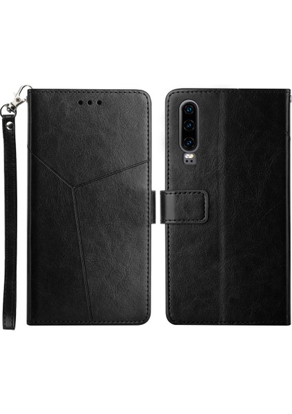 P30 Premium Pu Deri ve Tpu Telefon Kılıfı Şık Y Şeklinde Hat Baskı Cüzdan Kabuğu Stand Kapağı - Pembe (Yurt Dışından)