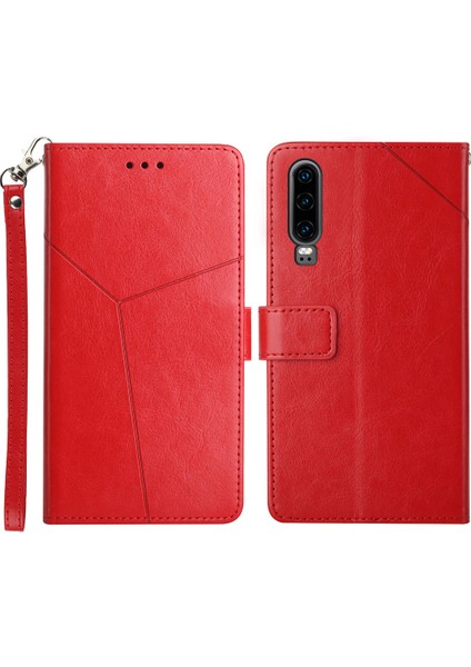 P30 Premium Pu Deri ve Tpu Telefon Kılıfı Şık Y Şeklinde Hat Baskı Cüzdan Kabuğu Stand Kapağı - Pembe (Yurt Dışından)