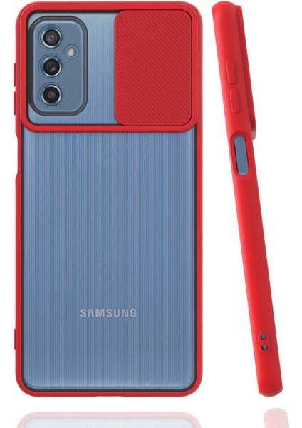 - Samsung Galaxy M52 - Kılıf Slayt Sürgülü Arkası Buzlu Lensi Kapak - Kırmızı