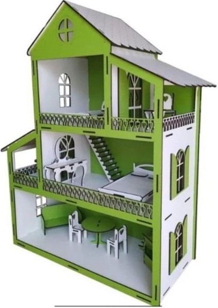Woodylife Ahşap Oyuncak Ev 80 cm Yeşil Ev Montessori Barbie ve Lol Uyumlu Çocuk Oyuncak Ev