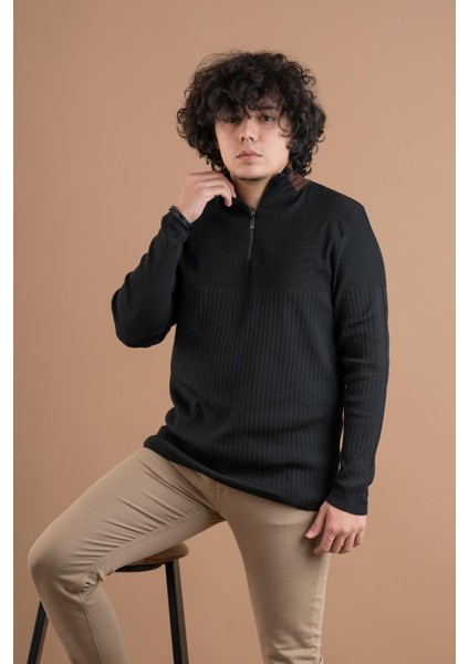 Fermuar Yaka Yarım Balıkçı Likralı Erkek Sweatshirt