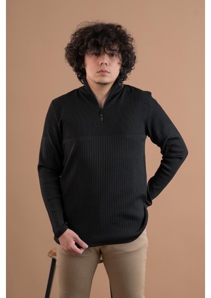 Fermuar Yaka Yarım Balıkçı Likralı Erkek Sweatshirt