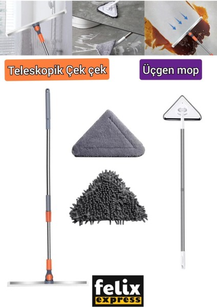 Temizlik Çek Çek Pratik Ev Temizleme Aparatı ve Üçgen Mop Cam Silecek Fayans Parke Temizliği