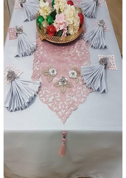 Afife Kadife ve Monoray Kumaş Pudra/Gümüş Masa Örtüsü , Peçeteli ve Amerikan Servisli Sofra Takımı 8 kişilik Dikdörtgen 160x230 cm 34 Parça - 879