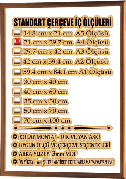 MİXEFOR A4 Çerçeve-Renk BRONZ -Arka Yüzey 3mm Mdf- Ön yüzey Kırılmaz parlama yapmayan Antireflektif