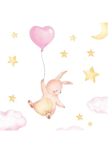 Balonlu Tavşan Pembe Bulutlar ve Yıldızlar Duvar Sticker fiyatları