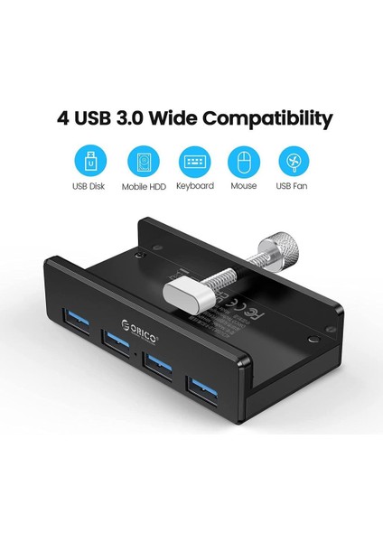 4 Port USB 3.0 Kelepçeli Hub Adaptör Dönüştürücü Siyah