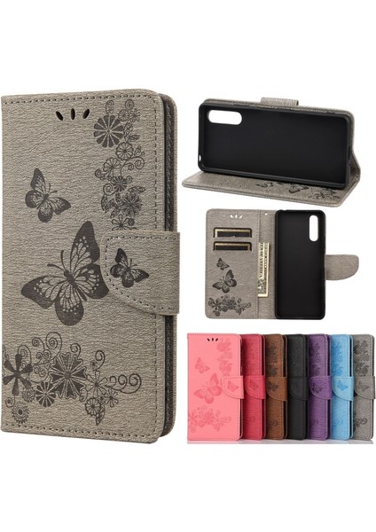 Sony Xperia 10 Iıı Için Kabartmalı Çiçek Kelebek Kılıfı Gri (Yurt Dışından)