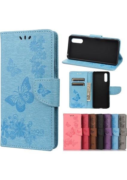Sony Xperia 10 Iıı Için Kabartmalı Çiçek Kelebek Kılıfı Mavi (Yurt Dışından)